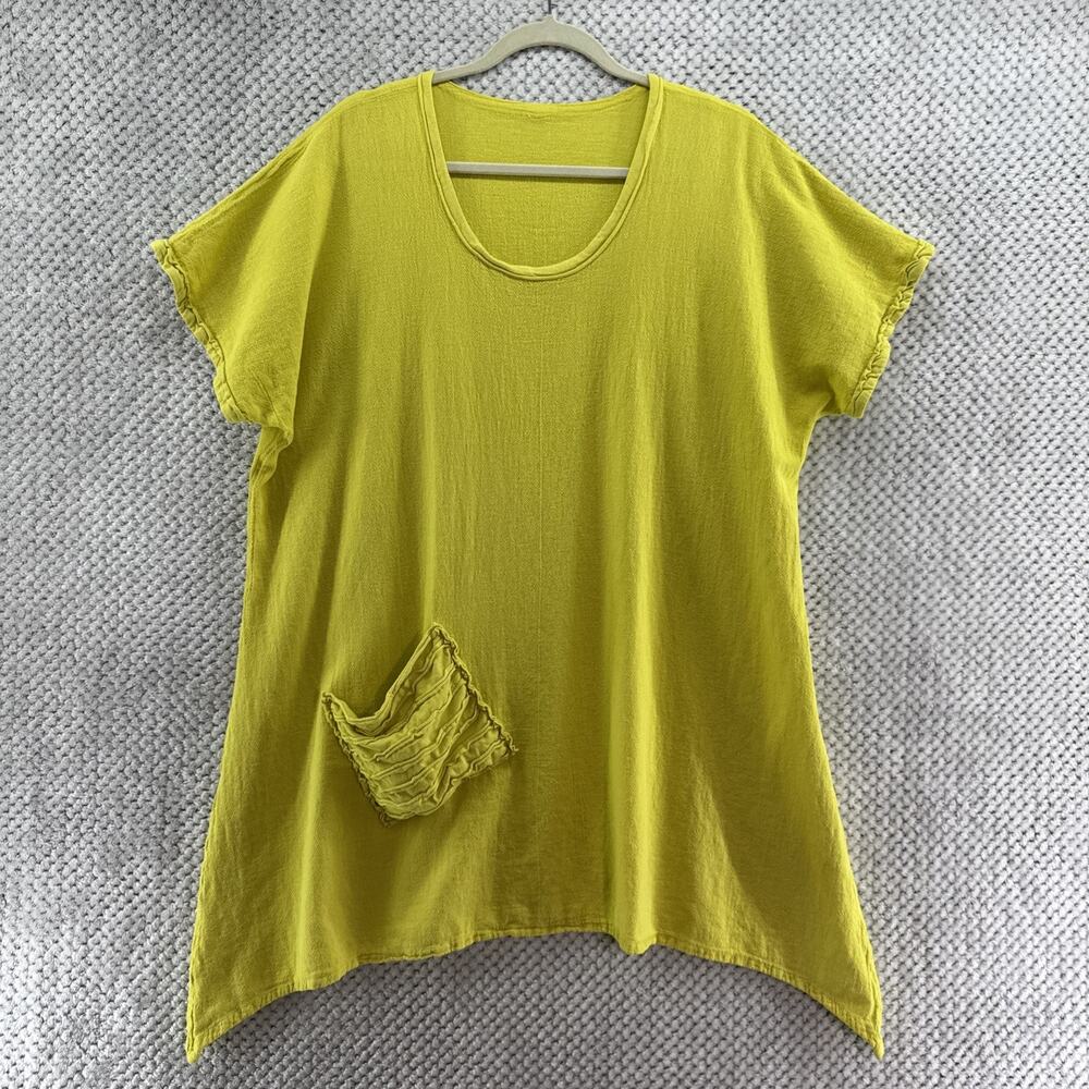 OH MY GAUZE Tunic Top Womens 3 Plus/XXL Lemon Yellow Scoop Neck Front Pocket
